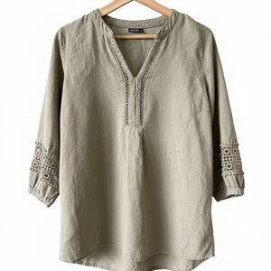 Olive Green Boho Blouse Women’s Tunic Top 3/4 Sleeve Embroidered Casual Linen